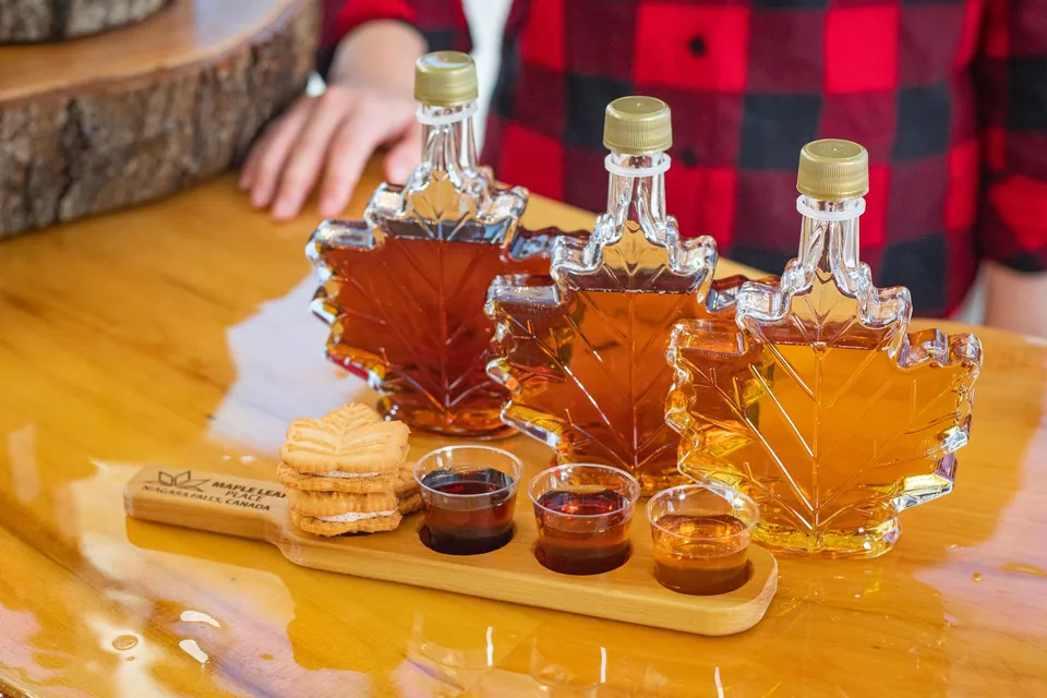 Canadian maple syrup samples with chocolates at a tasting stop in Niagara