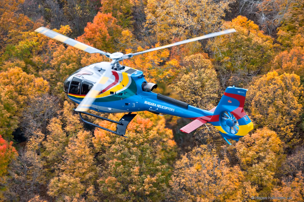 Helicopter flying over Niagara Falls with aerial view of the cascades