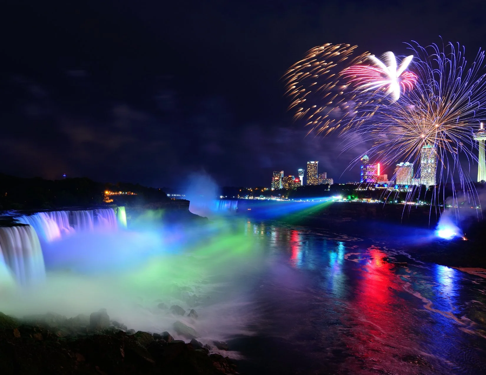 Rainbow light show illuminating Niagara Falls at night during Winter Festival